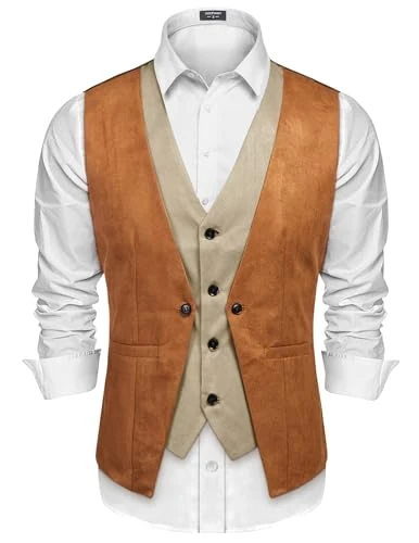 Men's Suede Leather Vest Layered Style Dress Vest Waistcoat, Rust, S