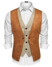 Men's Suede Leather Vest Layered Style Dress Vest Waistcoat, Rust, S