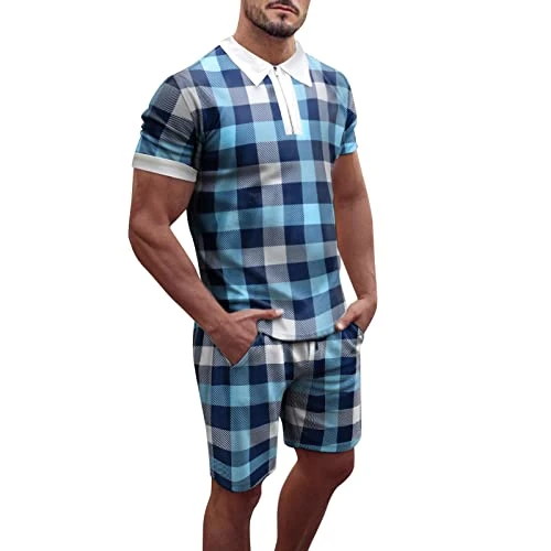 Men's Summer 2-Piece Checked Printed Short Sleeve Shirts and Shorts Trouser Sets with Pockets Fitnes