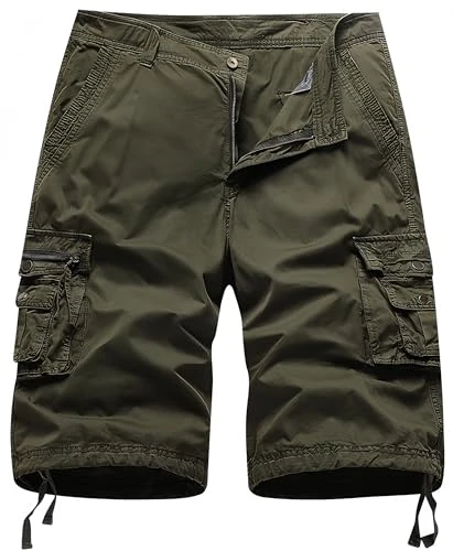 Men's Summer 3/4 Cargo Shorts Loose Cotton Cropped Trousers Multi-Pocket Mid Trousers Without Belt, 