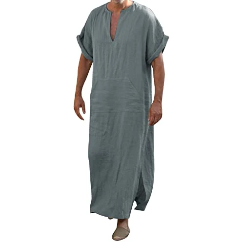 Men's Summer Autumn Casual Linen Robe Premium Fabric Lover Anti-Odor Regular Fit Lightweight Heavy Blend Mock Neck Metallic Zip Up Multi Colors Plaid Drawstring with Pockets for Hiking Fishing