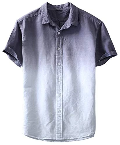 Men's Summer Basic Collar Standard Fit Gradient Short Sleeve Cotton Linen Shirt (Asian XXL, Grey Whi