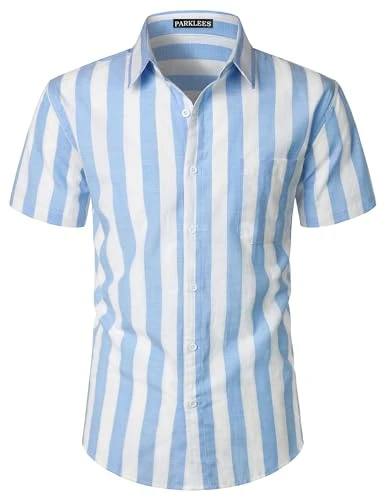 Men's Summer Casual Button Down Striped Short Sleeve Shirt Cotton Linen Breathable Lightweight Beach