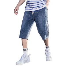 Mens Summer Casual Denim Shorts with Elasticated Waist 3/4 Length Comfort Relaxed Fit Jean Shorts Blue XL