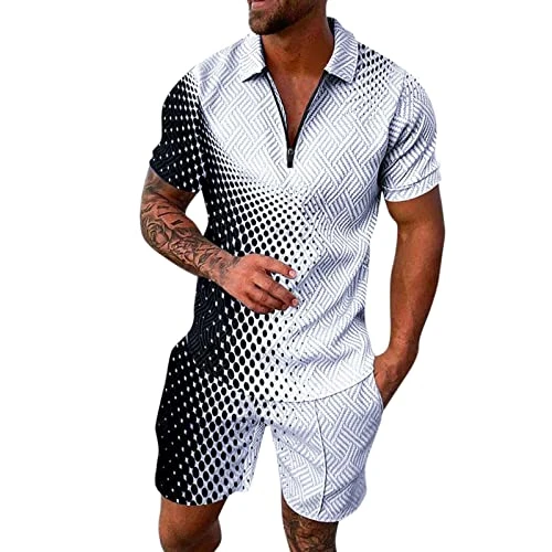 Men's summer casual print zip turn-down collar blouse short sleeve tops shirt shorts outfits short t