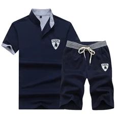 Mens Summer Casual Sport Sets V Neck Short Sleeve Tshirt Jogging Shorts Tracksuits 2 Pieces DarkBlue M