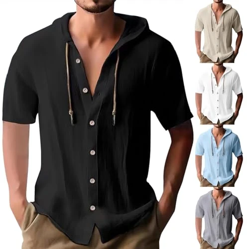 Mens Summer Cotton Linen Hoodie Henley Shirt Casual Short Sleeve Button-Up T Shirts Hemp Button Down