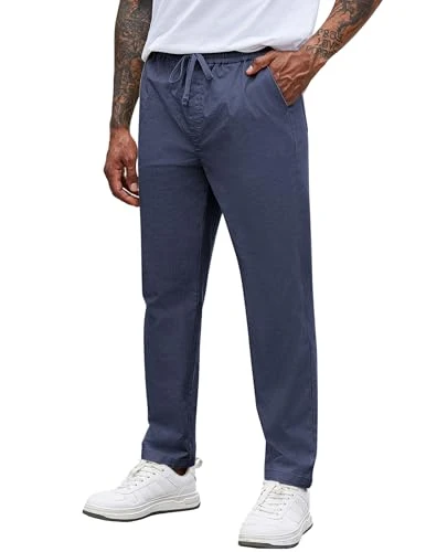 Men's Summer Cotton Trousers Lightweight Drawstring Stretch Work Trousers Solid Color Long Casual Li