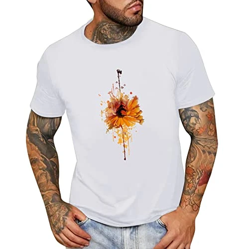 Men's Summer Fashion Casual Crew Neck Small Print T-Shirt Short Sleeve Shirt Cuffs Shirt, 0718c-whit