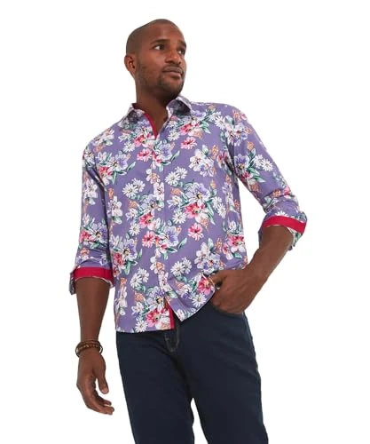 Men's Summer Florals Classic Collared Long Sleeve Shirt, Lilac, XL