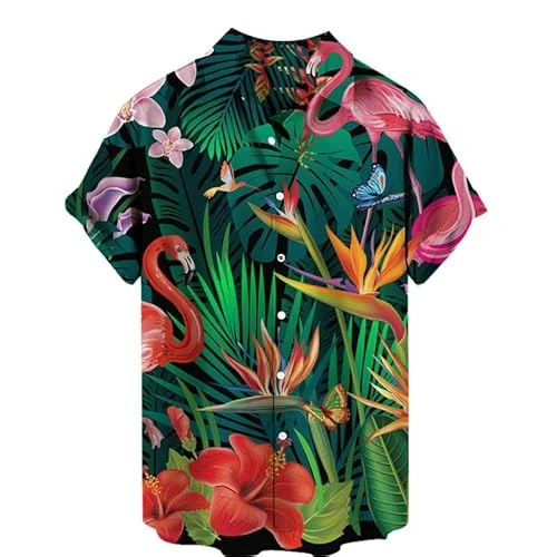 Men's Summer Hawaiian Shirts Short Sleeve Casual Regular Fit Flamingo Printed Beach Holiday Tops