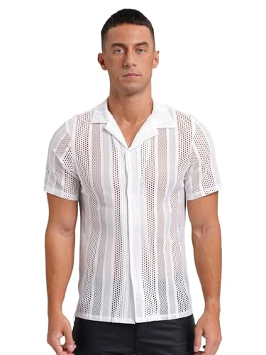 Mens Summer Hollow Out See Through Sheer Shirts Casual Short Sleeve Button Down Beach Shirts White L