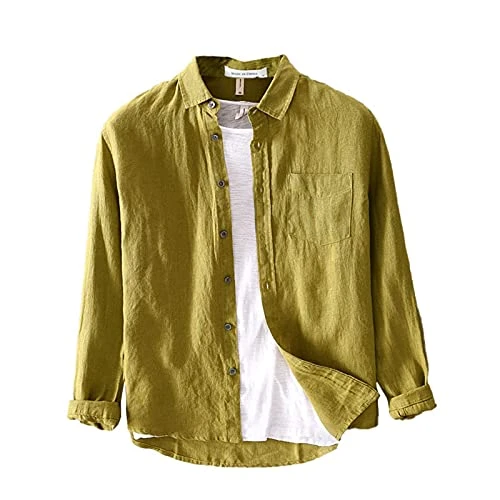 Mens Summer Linen Shirts Long Sleeve Casual Shirts for Outdoor Beach Travel Light Yellow S