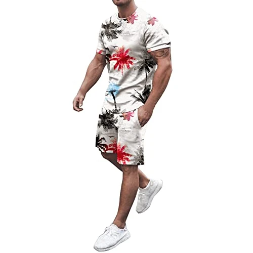 Men's Summer Outfit Beach Short Sleeve Printed Shirt Short Suit Shirt Trouser Suit with Pockets Jump