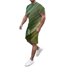 Men's Summer Printed Short Sleeve T-Shirt Crew Neck Top Tether Shorts Suits Men's Jogging Bottoms Warm, Army Green, XXXXXL