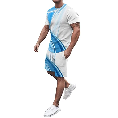 Men's Summer Printed Short Sleeve T-Shirt Crew Neck Top Tether Shorts Suits Men's Jogging Bottoms Warm, White, XXXXL