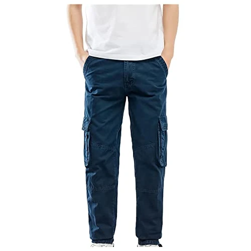 Men's Summer Pyjama Bottoms with Straps Stretch Elegant Men's Fashion Leisure Sports Solid Colour Pocket Tie Overalls Trousers Men's Trousers Cargo Black, blue, W32
