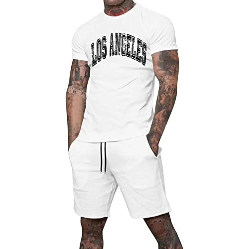 Mens Summer Sets 2 Piece Outfits Casual Linen Short Sleeve Button Down Shirts and Shorts Outfits Mens Summer Casual Outfits Men Clothing Set(White,L)