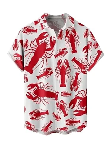 Men's Summer Shirt Retro 3D Big Lobster Printed Blouse Lapel Button Down Short Sleeve T Shirts Holid