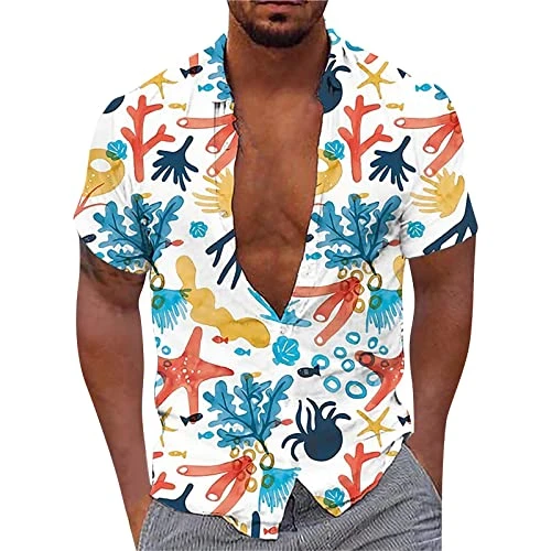 Men's Summer Shirt Short Sleeve Casual Loose for Men with Coconut Tree Print, Short Sleeves, Cuffs, 