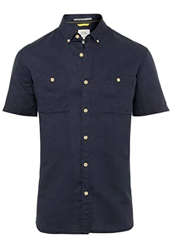 Men's Summer Short-Sleeved Shirt Made from a Cotton/Linen Mix, darkblue, M