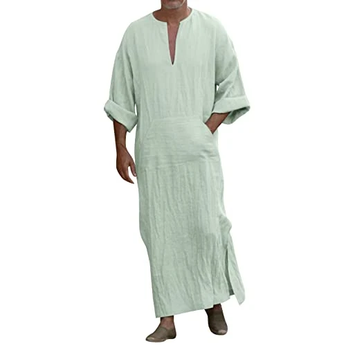 Mens Summer Tops Loose Fit Royally Comfortable Formal Pleated Regular Fit Adjustable Cotton Tie Neck Stripe Square Neck Solid Pull On Lounge Robes with Pockets Green