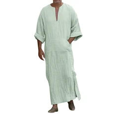 Mens Summer Tops Loose Fit Royally Comfortable Formal Pleated Regular Fit Adjustable Cotton Tie Neck Stripe Square Neck Solid Pull On Lounge Robes with Pockets Green