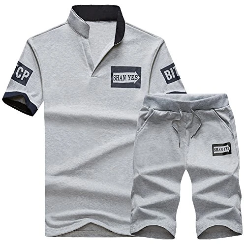Mens Summer Tracksuits Printing V Neck Short Sleeve Tshirt Sport Jogging Shorts Suits 2 Pieces Grey M