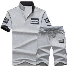 Mens Summer Tracksuits Printing V Neck Short Sleeve Tshirt Sport Jogging Shorts Suits 2 Pieces Grey M