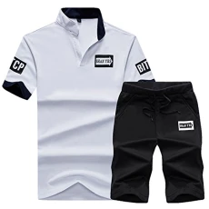 Mens Summer Tracksuits Printing V Neck Short Sleeve Tshirt Sport Jogging Shorts Suits 2 Pieces White M