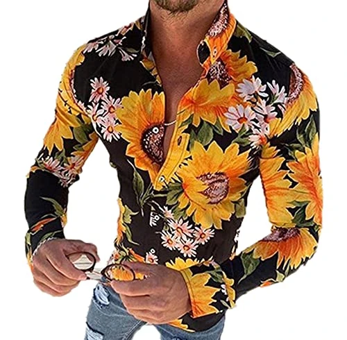 Men's Sunflower Print Shirt Slim Fit Long Sleeve Casual Button Down Shirt Yellow