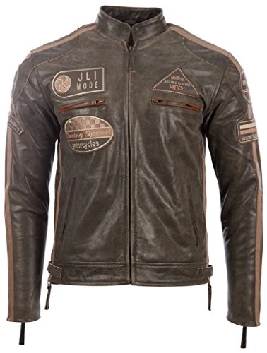 Men's Super-Soft Real Leather Band Collar Patch Fashion Biker Jacket, Desert Tan, XL / Chest=43 inch