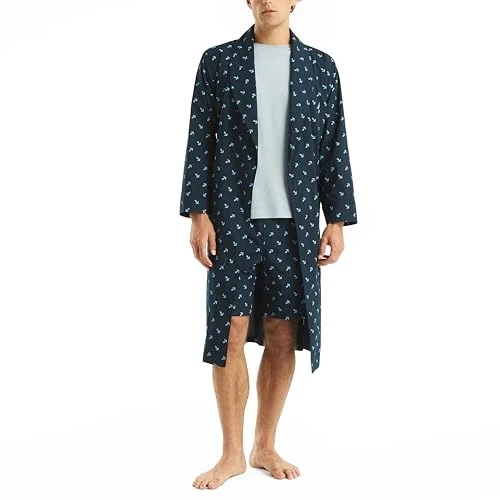 Men's Sustainably Crafted Printed Robe, Maritime Navy, L-X-L