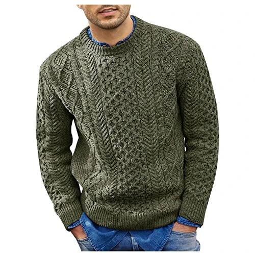 Men's Sweater Solid Fashion Round Neck Long Sleeve Knitted Top Army Green