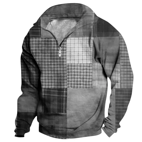 Men's Sweatshirts Plaid Stripe Stitching Zipper Patchwork Pullover Fall V Neck Oversized Jumper Long Sleeve Autumn Loose Casual Lightweight Sweater for Mens UK(A1-Grey,3XL)