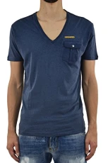 Men's T-Shirt Blue Logo Pocket Cotton V-neck - Blue - XS