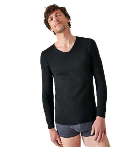 Men's T-Shirt Col V, Maille Interlock Thermolactyl Thermal Top, Black, S