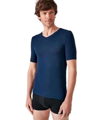 Men's T-Shirt Col V Manches Courtes Fine Côte Thermolact, Dark Navy Blue, XXL