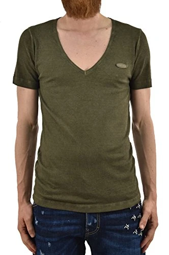 Men's T-Shirt Green Logo Cotton V Neck Metal Plaque - Green - XS