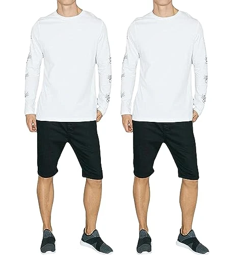 Mens T-Shirt Long Sleeve Pack of 2 Printed Ribbed Crew Neck Stretch Tee Top White - 2 Pack L