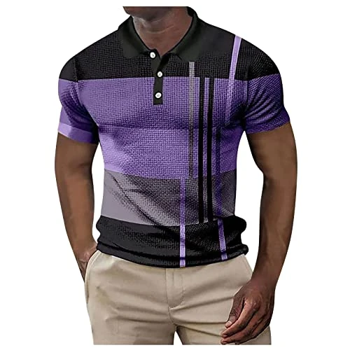 Mens T Shirt Male Spring Summer Button Down Short Sleeve Top Plaid Lapel Color Matching Stripe Print