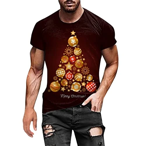 Mens T Shirt Men Autumn Winter Casual Short Sleeve Christmas 3D Printed T Shirts Fashion Top Blouse Polyester Blend Shirts Men (7-Red, XXL) Polo Shirts Sale Hawaiian Shirts for Men Short Sleeve Tops