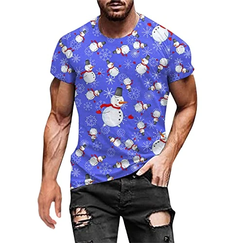 Mens T Shirt Men Autumn Winter Casual Short Sleeve Christmas 3D Printed T Shirts Fashion Top Blouse Polyester Blend Shirts Men (9-Blue, XL) Polo Shirts Sale Hawaiian Shirts for Men Short Sleeve Tops