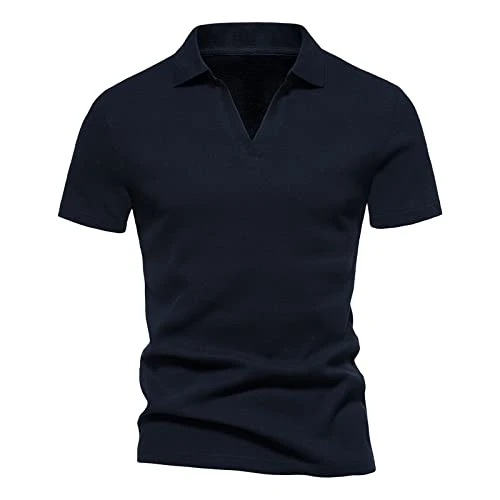 Mens T Shirt Mens Fashion Deep V Neck Short Sleeved T Shirt Cotton Elastic Bottoming Shirt Small Stand Up Collar in Summer Mens Long Sleeve Knit Tops (4-Navy, 3XL) Mens Polo Hawaiian Shirts for Men