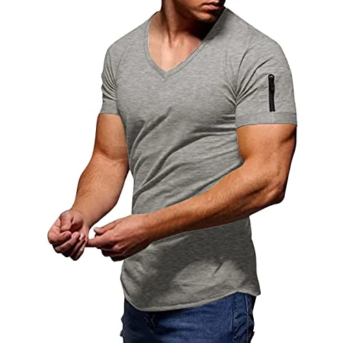 Mens T Shirt Mens Summer Fashion Casual Solid Color Zipper Pocket T Shirt Short Sleeve Shirt Top Blo