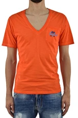 Men's T-Shirt Orange Logo Pocket Cotton V-Neck Graphic Print (S), orange, S