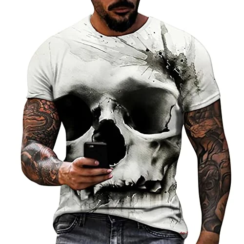 Men's T-Shirts 3D Graphic Short Sleeve T-Shirts Funny Printed Summer Tops Men's Shirt T-Shirt Crew Neck Men's Loose Fit T-Shirt Men's T-Shirt Sport Men, White, XL