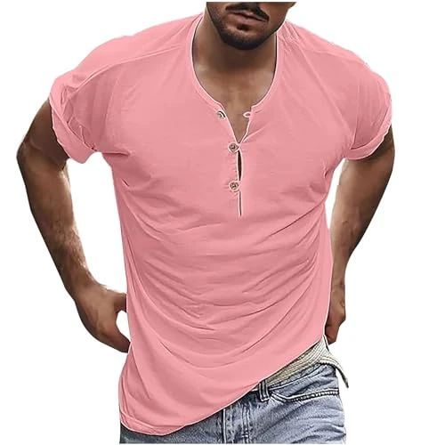 Mens T-Shirts Casual Short Sleeve Henley T-Shirt V Neck Button Pullover Blouse Plain Basic Summer Sh