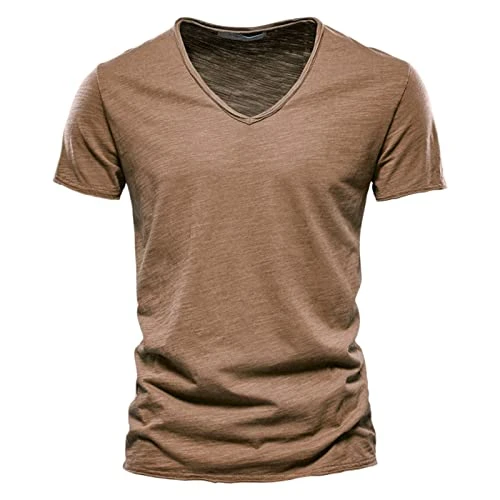 Mens T-Shirts Cotton Casual Solid Color V Neck Tee Short Sleeve Slim Fit Tunic Top Summer 100% Jersey Cotton Sports Fitness Daily Blouse Basic Classic T-Shirt for Men(Brown,XXL)