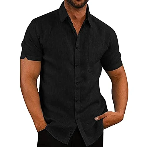 Mens T-Shirts Cotton Linen Button Down Shirts Plain Short Sleeve Top Blouses Summer Business Casual 